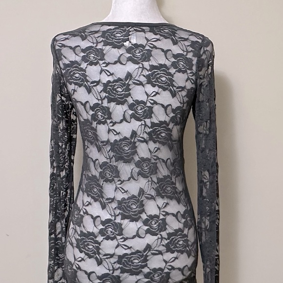 Color Story Sexy Sheer Gray Lace Roses Stretch Top Long Sleeves Pullover Top S/M - Picture 11 of 15
